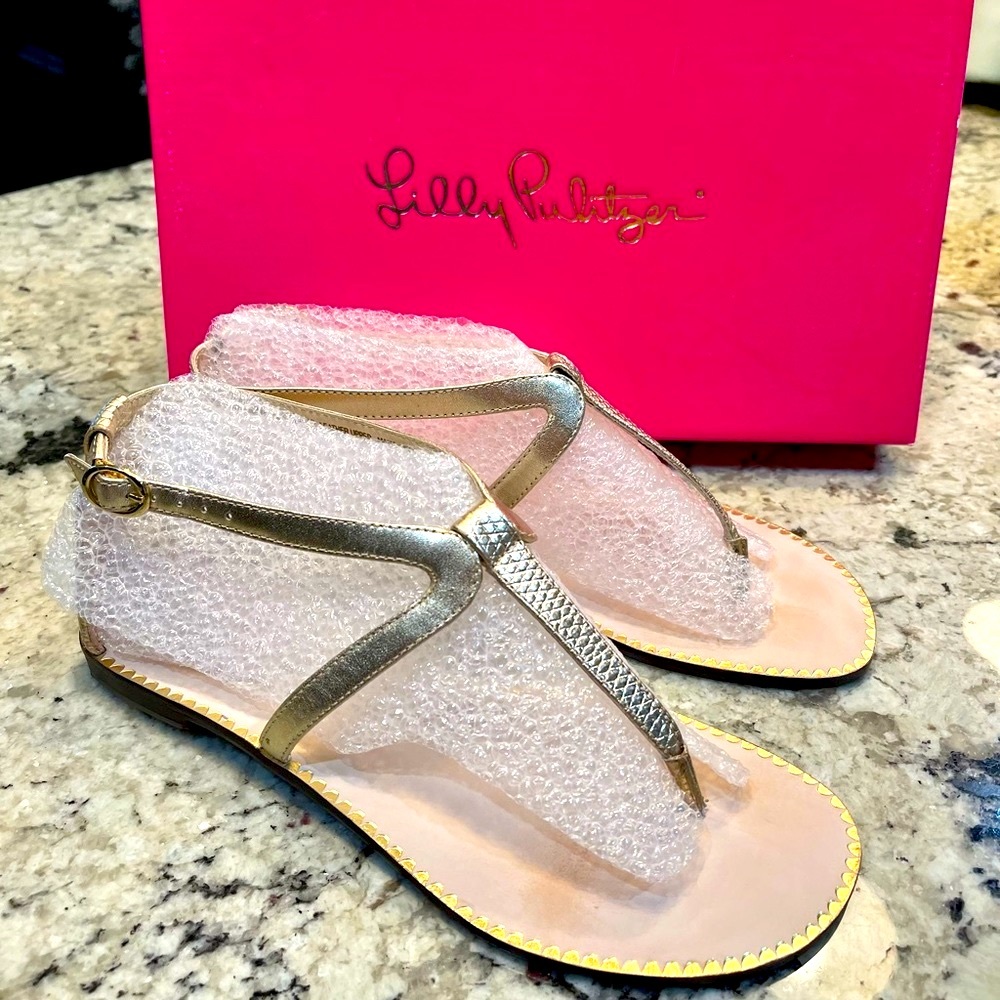 Lilly Pulitzer Heather Sandals Sz 7.5 Gold Metallic EUC